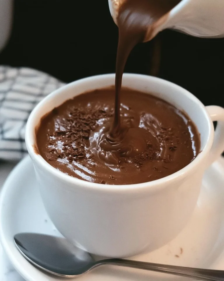 A cup of rich Italian hot chocolate topped with whipped cream and chocolate shavings.