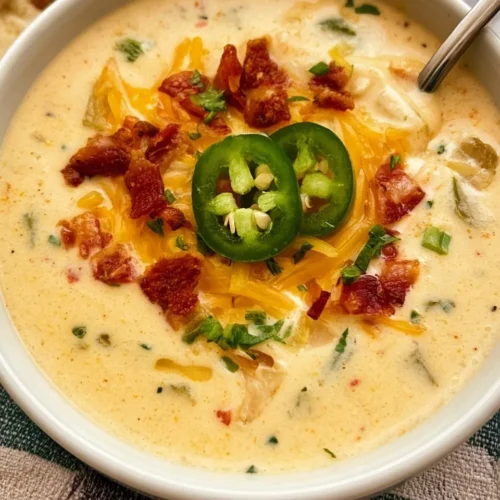 Bowl of creamy Jalapeno Popper Soup topped with jalapenos and cheese