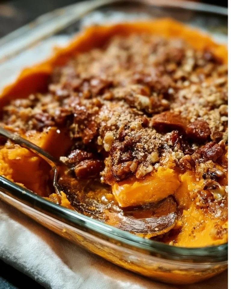 Low-sugar sweet potato casserole topped with nuts and spices