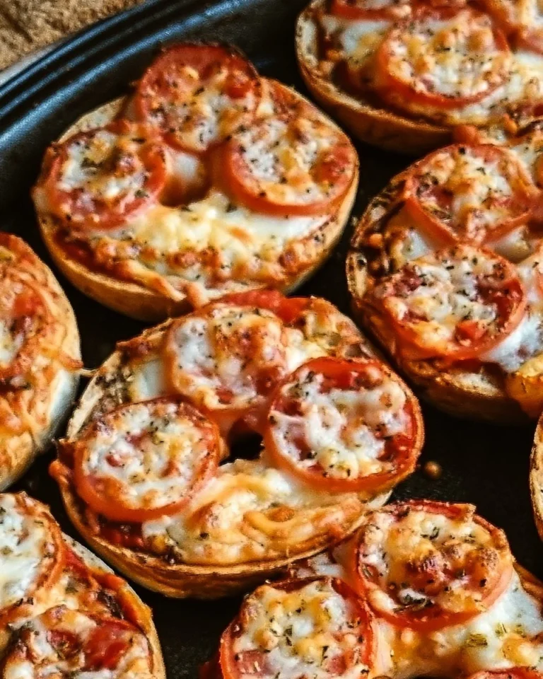 Mini bagel pizza bites topped with cheese and pepperoni on a baking tray.