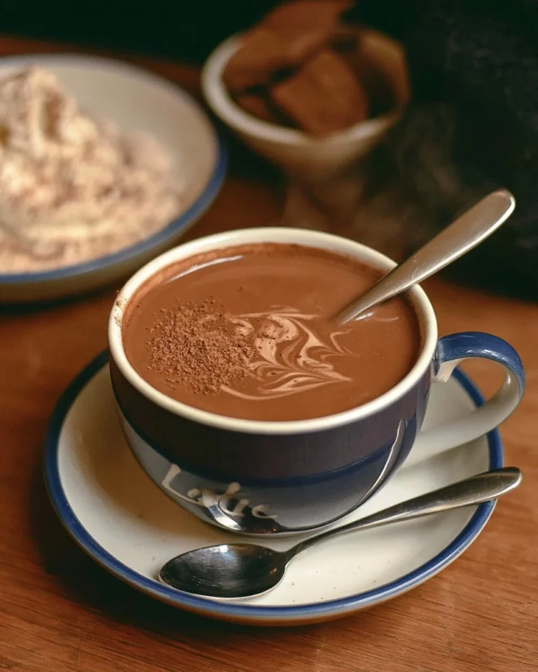 Delicious Parisian hot chocolate served in a classic cup with whipped cream.