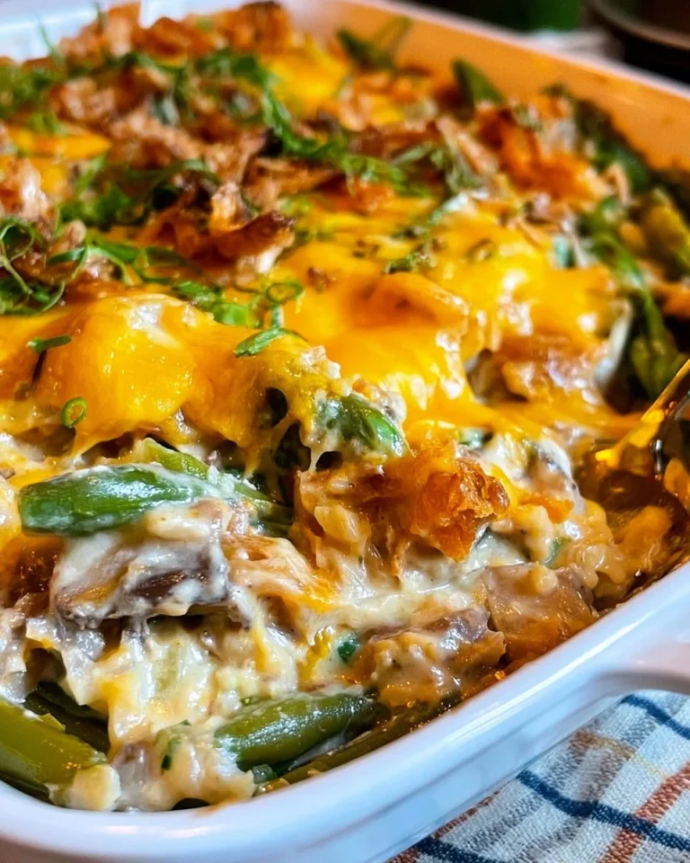 Delicious Paula Deen green bean casserole ready to serve at dinner table