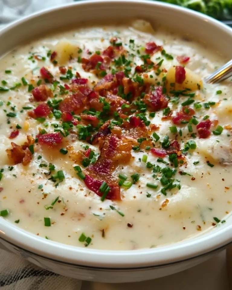 Bowl of red potato soup garnished with herbs and spices