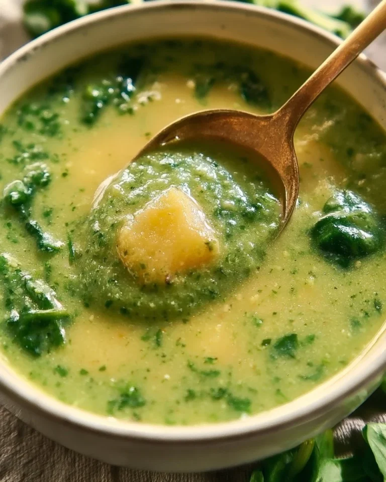 Bowl of creamy spinach and potato soup garnished with fresh herbs