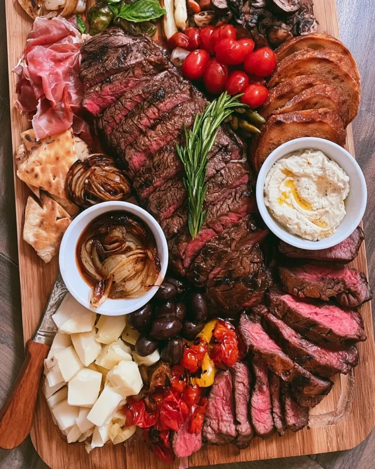 A beautifully arranged steak grazing board with various meats and accompaniments.