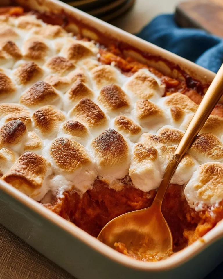 Delicious sweet potato casserole topped with melted marshmallows, ready to serve.