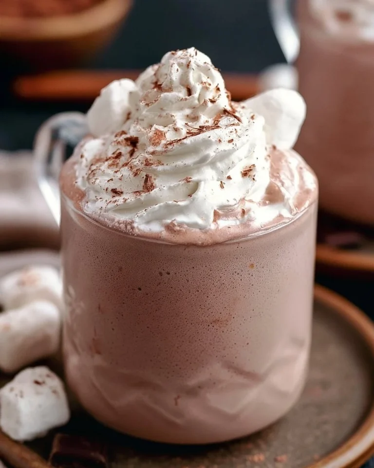 Fluffy whipped hot chocolate topped with whipped cream and cocoa powder