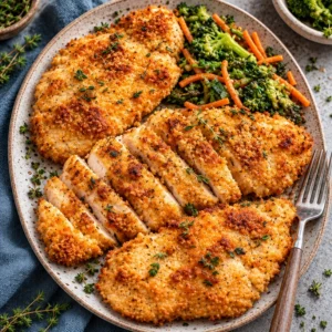 Deliciously baked ranch chicken served on a plate with herbs and spices.