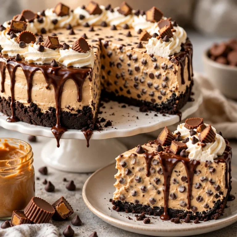No-bake chocolate chip peanut butter pie with a crumbly crust and chocolate chips