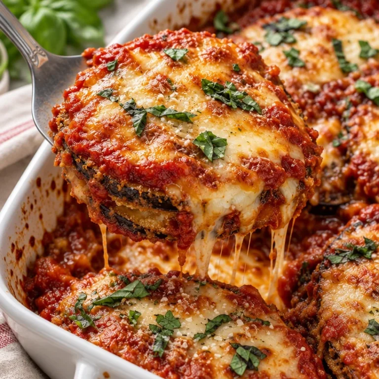 Classic eggplant parmesan dish with layers of cheese and marinara sauce.