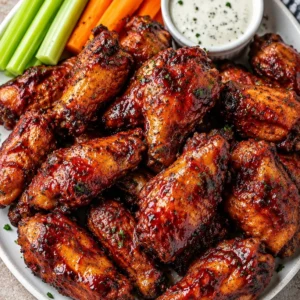 Crispy baked BBQ chicken wings on a plate, ready to be served.