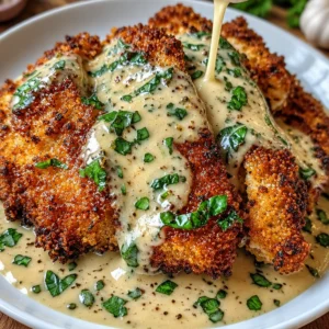 Plate of crispy parmesan chicken drizzled with rich garlic sauce