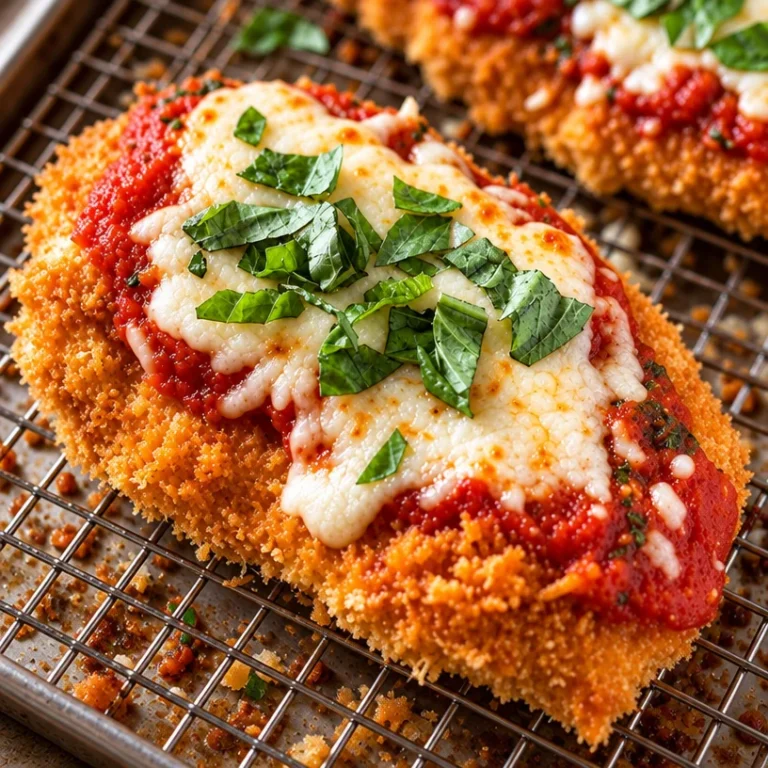 Easy baked chicken parmesan with panko crust, topped with marinara and cheese