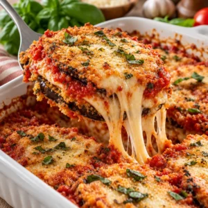Homemade baked eggplant parmesan topped with melted cheese and fresh herbs.