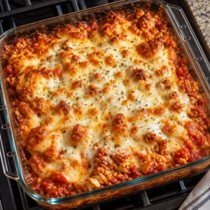 Easy chicken parmesan casserole topped with cheese and herbs