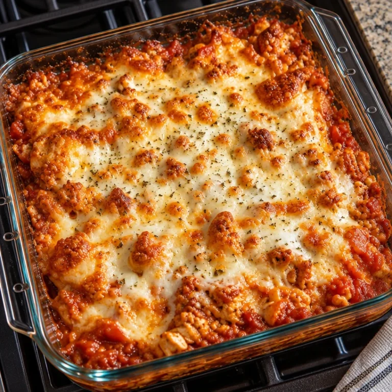 Easy chicken parmesan casserole topped with cheese and herbs