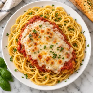 Delicious easy chicken parmesan served with pasta and herbs