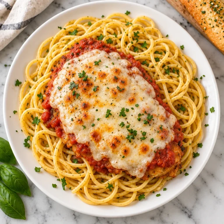 Delicious easy chicken parmesan served with pasta and herbs