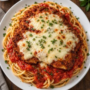 Delicious easy chicken parmesan served with pasta and marinara sauce