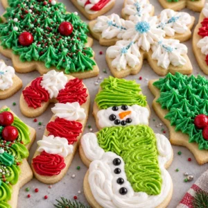 Colorful Christmas cookie frosting on decorated holiday cookies