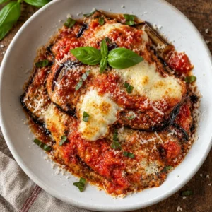 Delicious homemade eggplant parmesan with layers of cheese and marinara sauce