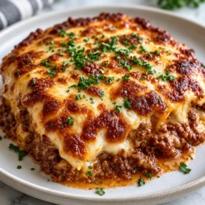 Delicious ground beef casserole served on a plate for a quick dinner.