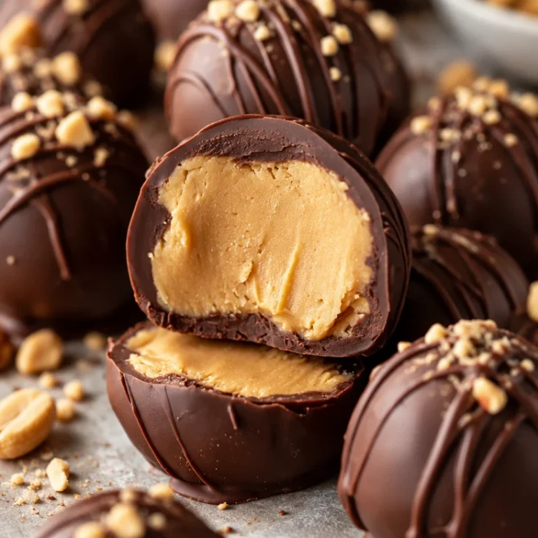Delicious homemade peanut butter balls on a plate with a sprinkle of cocoa powder.