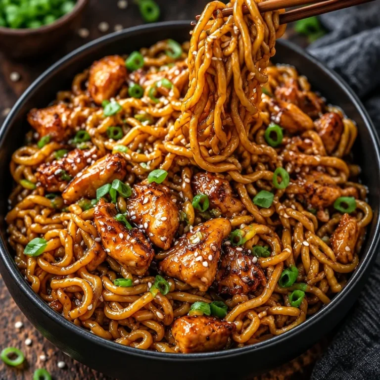 Delicious sticky garlic chicken noodles served in a bowl with garnishes