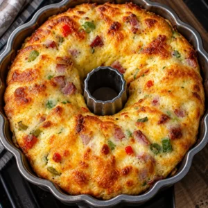 Delicious egg bundt cake breakfast casserole served on a plate