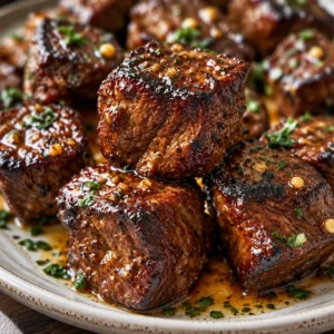 Plated garlic butter steak bites garnished with herbs and served hot