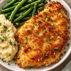 Delicious Parmesan Crusted Chicken on a plate garnished with herbs.