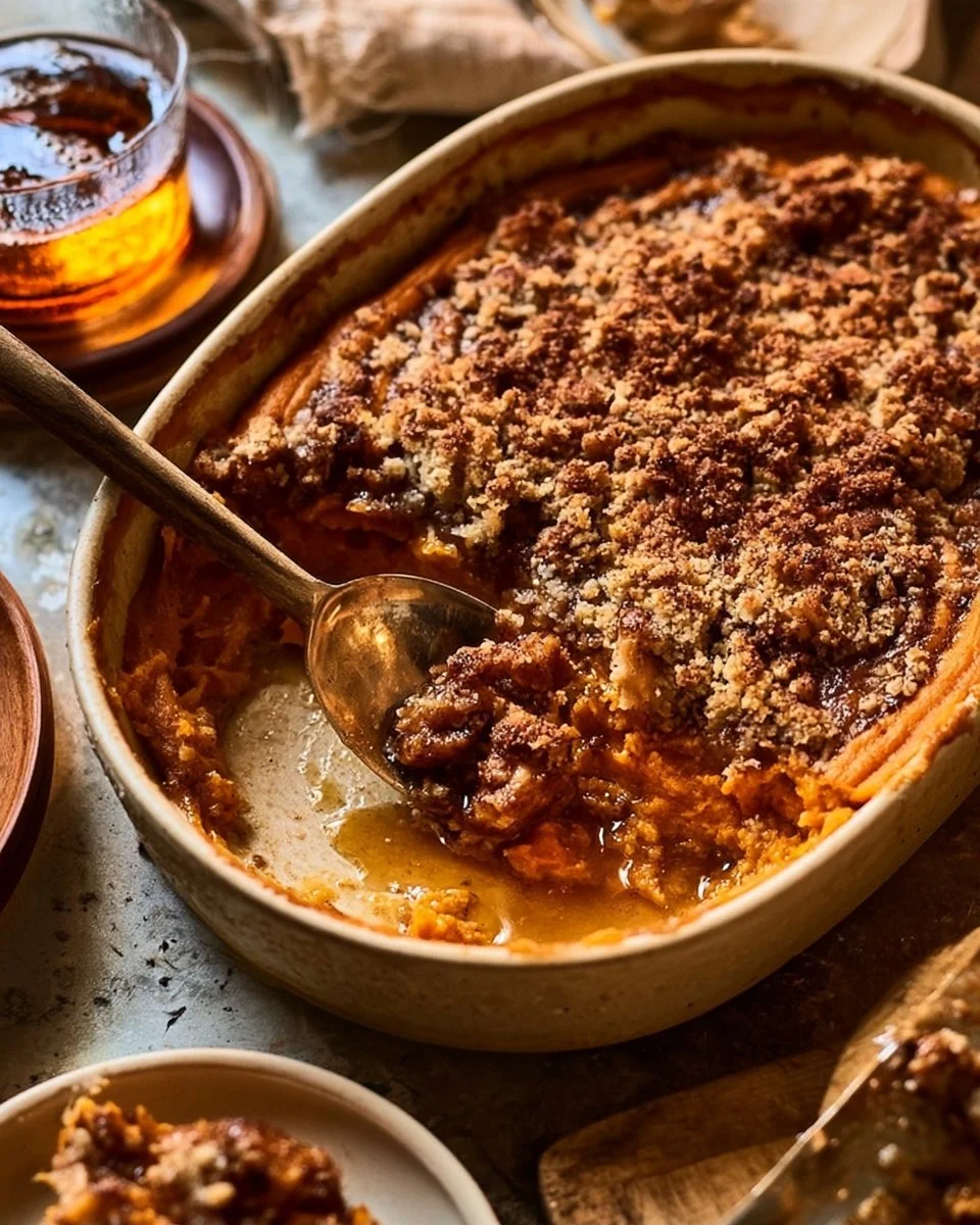 Cinnamon Streusel Swirled Maple Sweet Potato Casserole