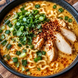 Creamy garlic chicken ramen in a bowl topped with green onions