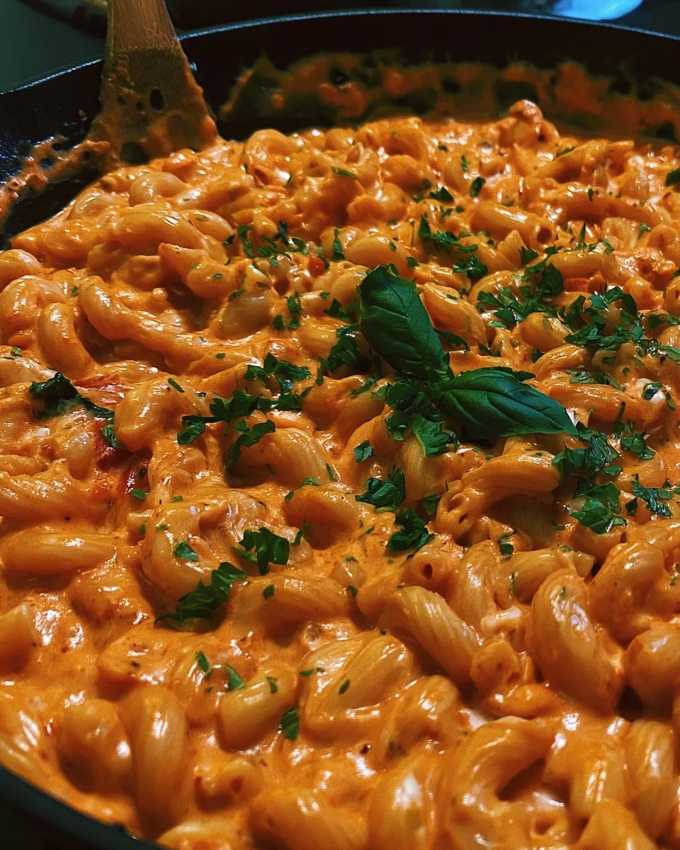 Creamy Cheesy Skillet Macaroni with Red Sauce and Cream Cheese