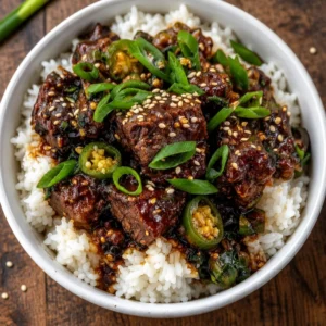 Crispy teriyaki beef tips served on a plate with garnishes