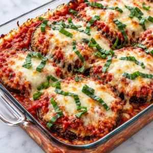 Serving dish of delicious easy baked eggplant parmesan
