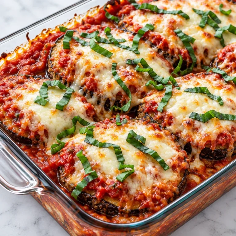 Serving dish of delicious easy baked eggplant parmesan