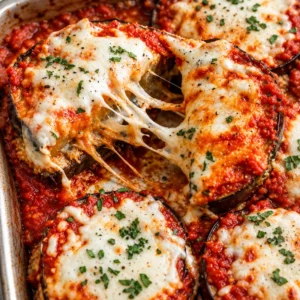 Healthy baked eggplant parmesan on a plate with fresh basil and tomato sauce