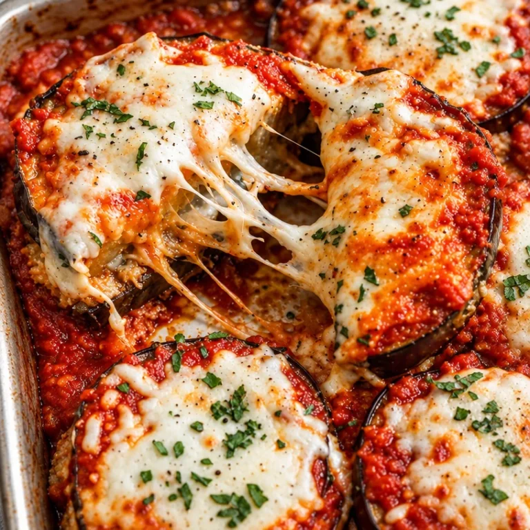 Healthy baked eggplant parmesan on a plate with fresh basil and tomato sauce