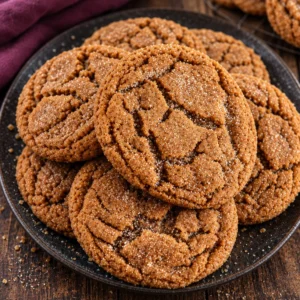 Delicious gingerdoodle cookies decorated with spices on a wooden table.
