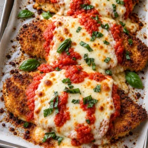 Delicious homemade chicken parmesan served with pasta and marinara sauce