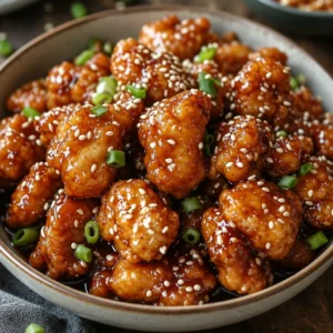 Plate of easy crispy sesame chicken garnished with sesame seeds and green onions.