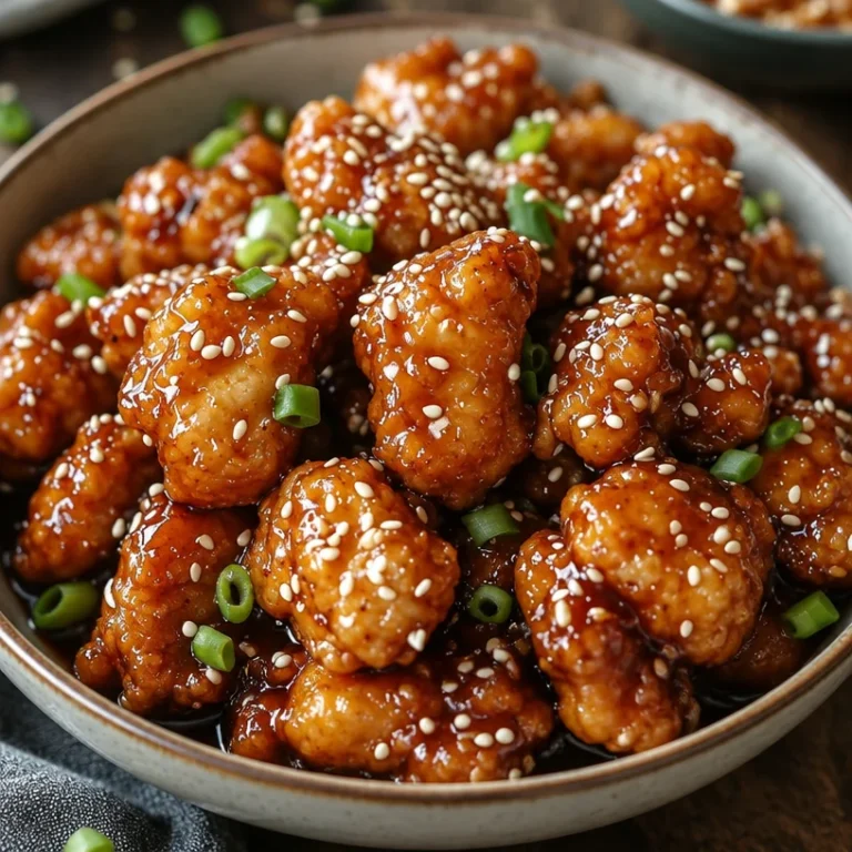 Plate of easy crispy sesame chicken garnished with sesame seeds and green onions.