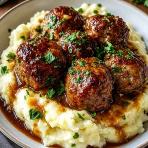 Beef Salisbury steak meatballs served with creamy garlic herb mashed potatoes