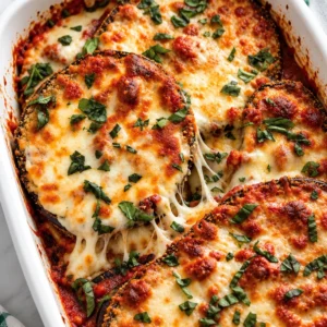 Delicious easy eggplant parmesan with cheese and spinach baked to perfection