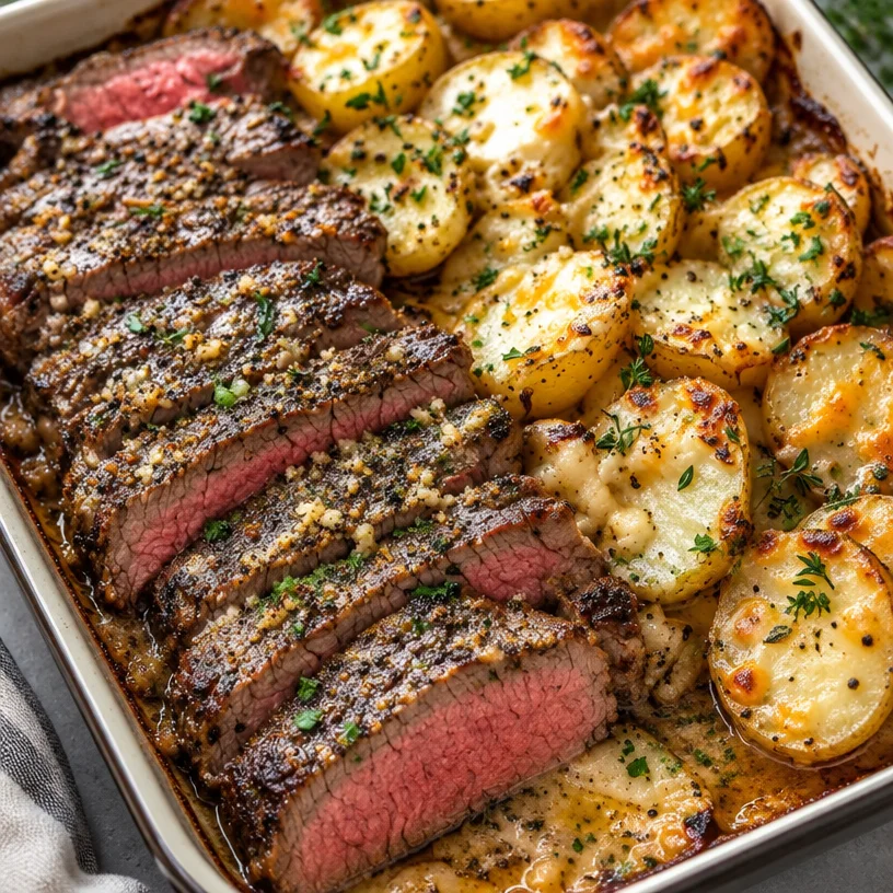 Easy Garlic Butter Steak & Cheddar Potato Bake - Creamy & Delicious