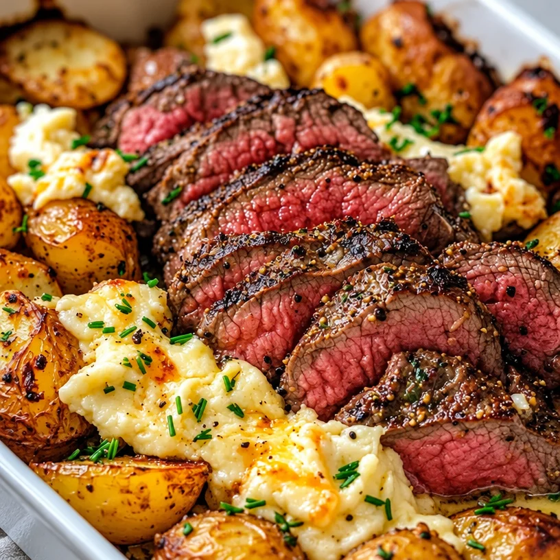 Easy Garlic Butter Steak & Cheddar Potato Bake - Creamy & Delicious