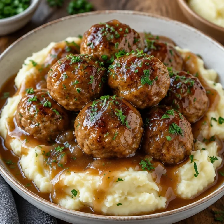 Delicious easy glazed meatballs with creamy mashed potatoes on a plate.