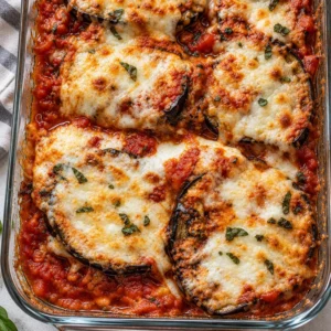 Delicious baked eggplant parmesan with layers of cheese and marinara sauce