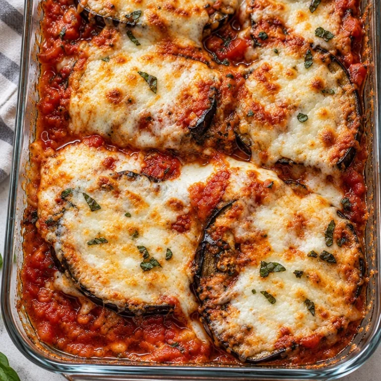 Delicious baked eggplant parmesan with layers of cheese and marinara sauce